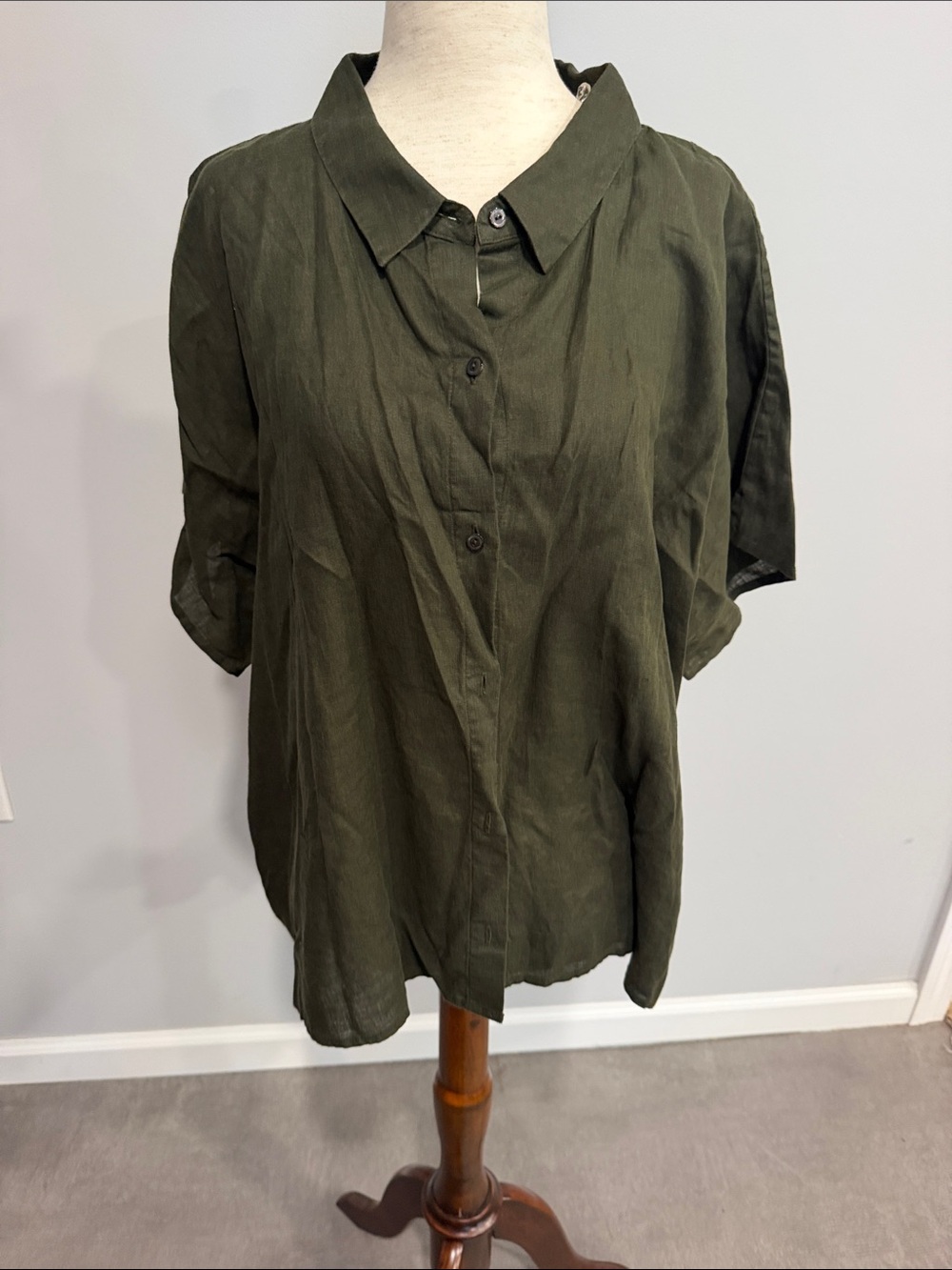 Eileen Fisher Olive Green Short Sleeve Button-Down Linen Shirt XL
